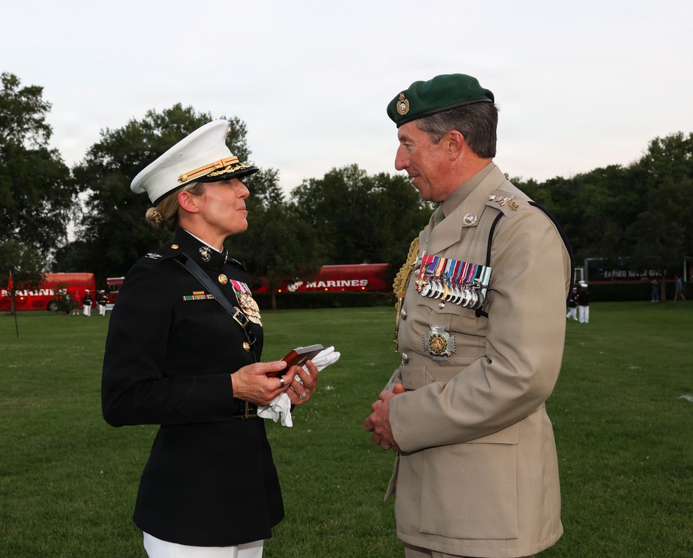 The Commandant, Gen. Eric M. Smith hosts First Sea Lord Commandant General Sir Gwyn Jenkins at a Sunset Parade