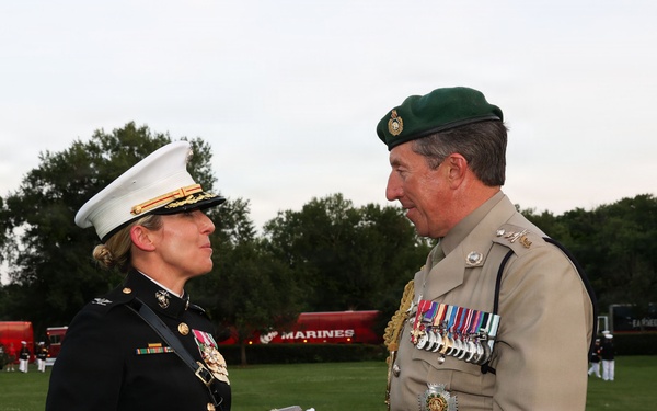 The Commandant, Gen. Eric M. Smith hosts First Sea Lord Commandant General Sir Gwyn Jenkins at a Sunset Parade