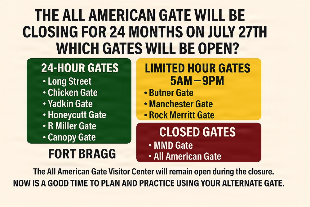 Fort Bragg to close main gate July 27 for construction