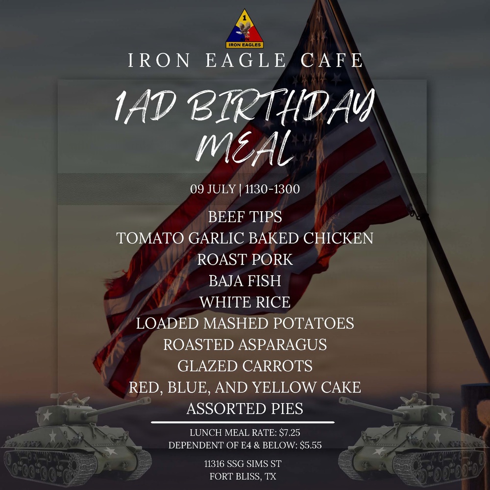 Iron Eagle DFAC, 1AD birthday flyer, 1AD birthday menu