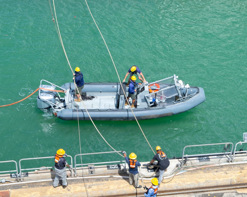 An aerial view shows a gray rigid inflatable boat (RIB) being handled at a dock or pier over turquoise-green water. Multiple workers wearing yellow hard hats and navy blue shirts are managing lines and operating the vessel. The operation appears to be a boat launch or recovery procedure involving both dock personnel and crew aboard the RIB.