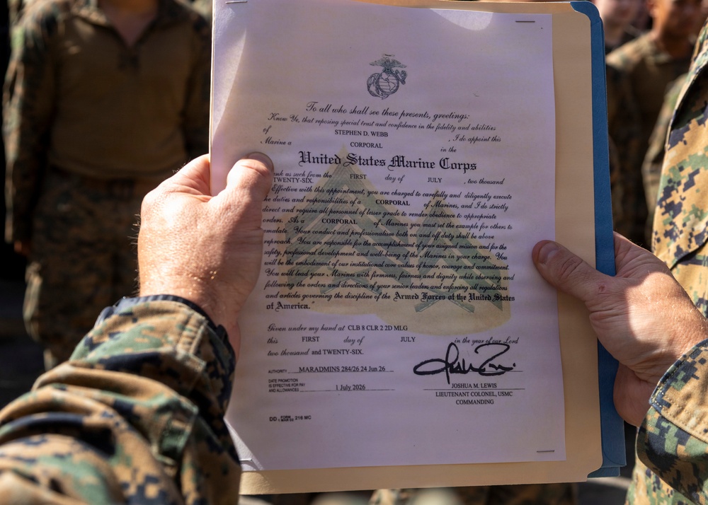 MajGen Jarrard promotes a Marine to NCO