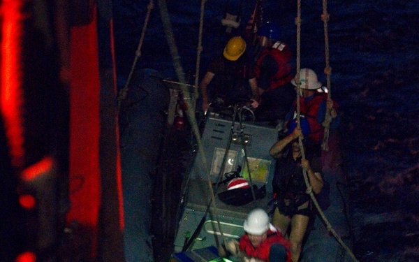 Sailors Conduct Nighttime Small Boat Operations from Naval Vessel