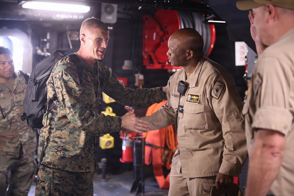 U.S. Marine Corps Maj. Gen. Kevin J. Jarrard tours the San Antonio-class amphibious transport dock ship USS Fort Lauderdale (LPD 28) before the ship docks in La Guaira, Venezuela, June 28, 2026.
