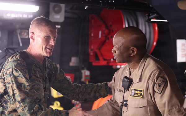 U.S. Marine Corps Maj. Gen. Kevin J. Jarrard tours the San Antonio-class amphibious transport dock ship USS Fort Lauderdale (LPD 28) before the ship docks in La Guaira, Venezuela, June 28, 2026.