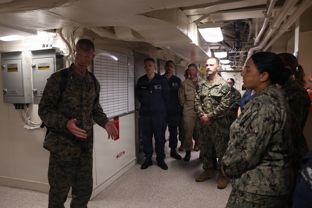 U.S. Marine Corps Maj. Gen. Kevin J. Jarrard tours the San Antonio-class amphibious transport dock ship USS Fort Lauderdale (LPD 28) before the ship docks in La Guaira, Venezuela, June 28, 2026.
