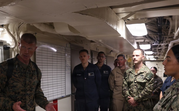 U.S. Marine Corps Maj. Gen. Kevin J. Jarrard tours the San Antonio-class amphibious transport dock ship USS Fort Lauderdale (LPD 28) before the ship docks in La Guaira, Venezuela, June 28, 2026.
