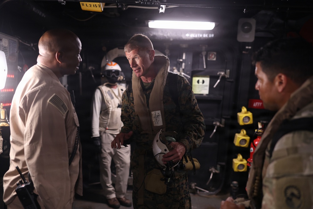 U.S. Marine Corps Maj. Gen. Kevin J. Jarrard tours the San Antonio-class amphibious transport dock ship USS Fort Lauderdale (LPD 28) before the ship docks in La Guaira, Venezuela, June 28, 2026.