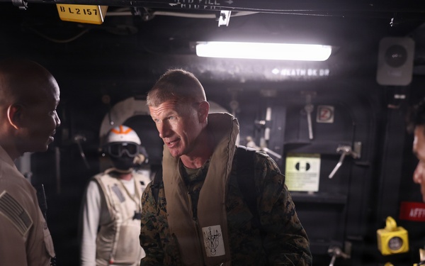 U.S. Marine Corps Maj. Gen. Kevin J. Jarrard tours the San Antonio-class amphibious transport dock ship USS Fort Lauderdale (LPD 28) before the ship docks in La Guaira, Venezuela, June 28, 2026.