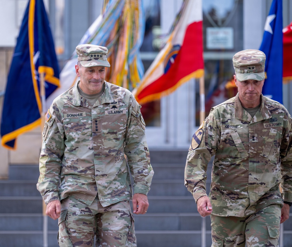 Gen. Christopher Donahue seen walking with MG. Christopher R. Nori during relinquishment of Command