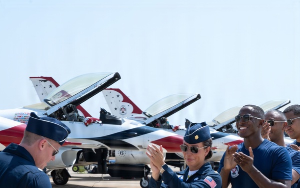 Furry friend on flight line; therapy dog Eleanor visits USAF Thunderbirds