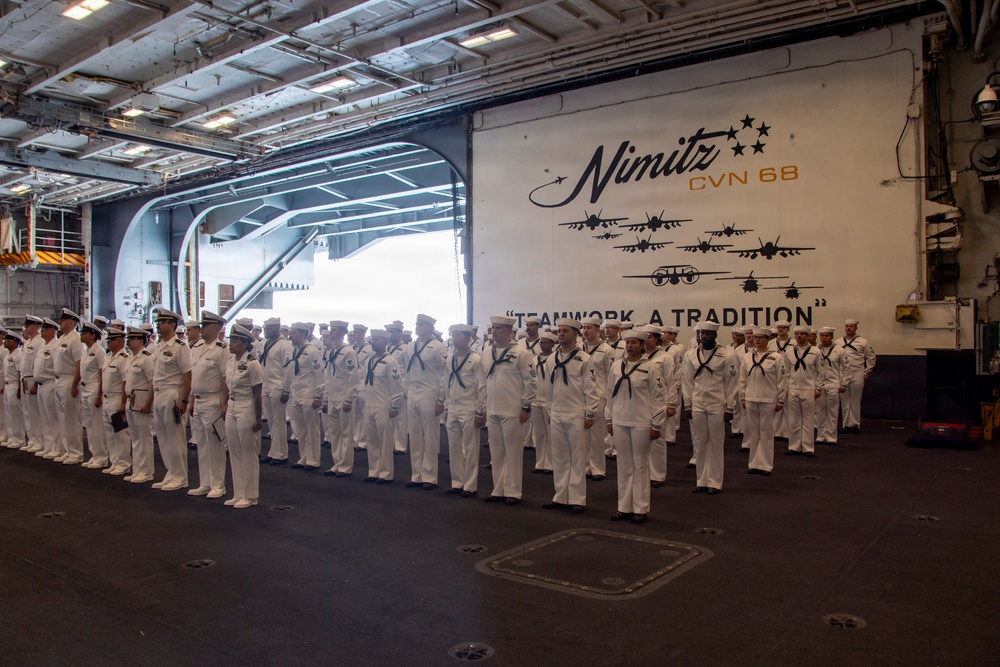 USS Nimitz Conducts Dress Whites Uniform Inspection