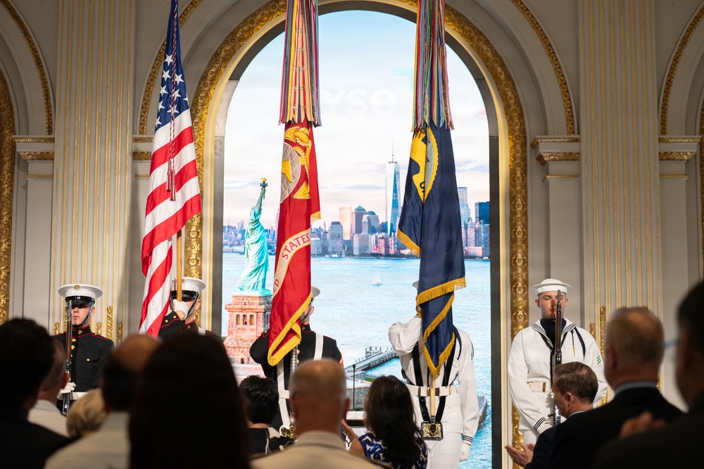 U.S. Navy Band Brass Quintet and Ceremonial Guard perform at New York Stock Exchange