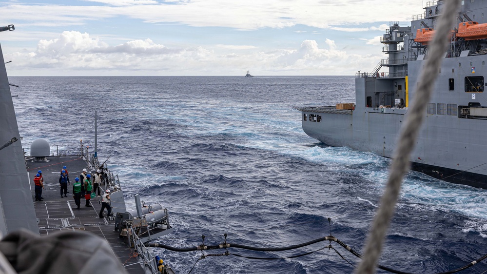 USS Mustin conducts a replenishment-at-sea with USNS Wally Schirra