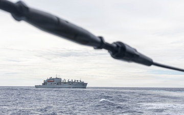 USS Mustin conducts a replenishment-at-sea with USNS Wally Schirra