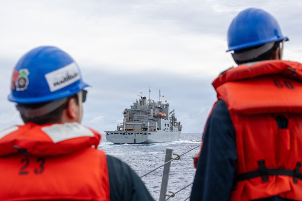 USS Mustin conducts a replenishment-at-sea with USNS Wally Schirra