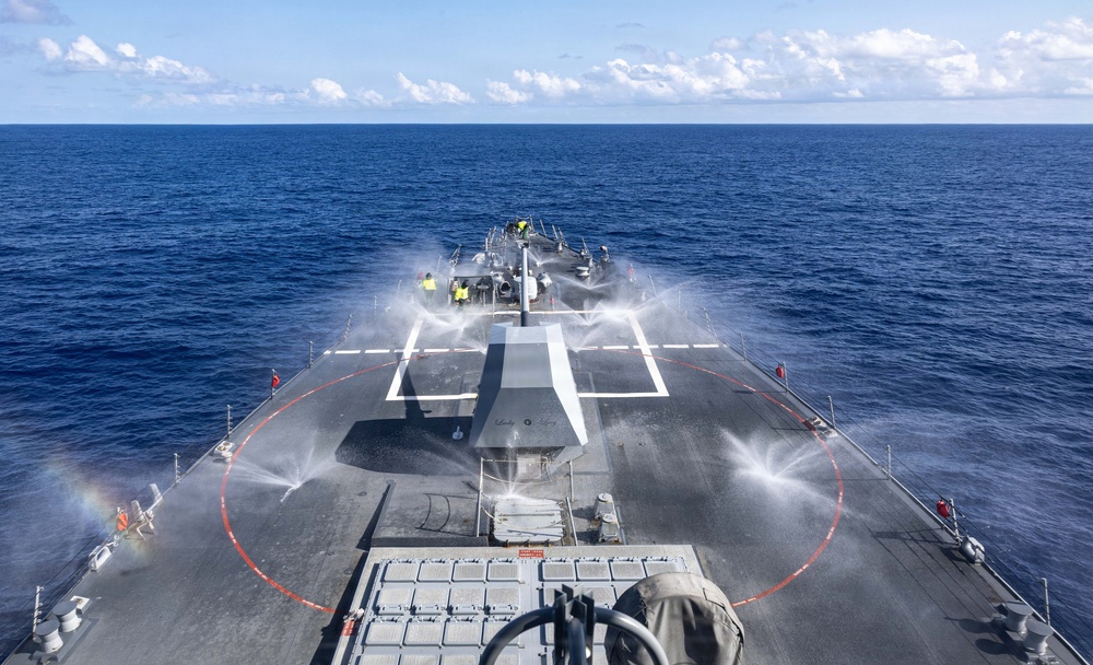 USS Mustin conducts a countermeasure washdown