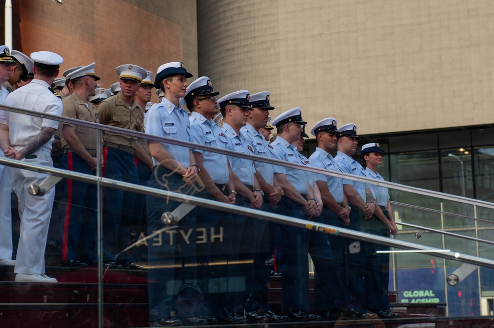 Sail 250 service members gather at Times Square Red Steps
