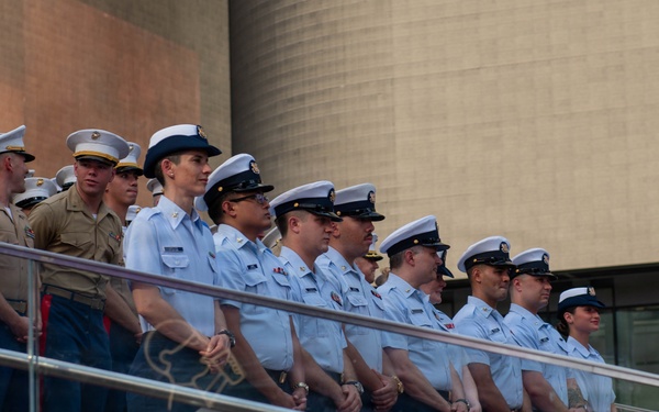 Sail 250 service members gather at Times Square Red Steps
