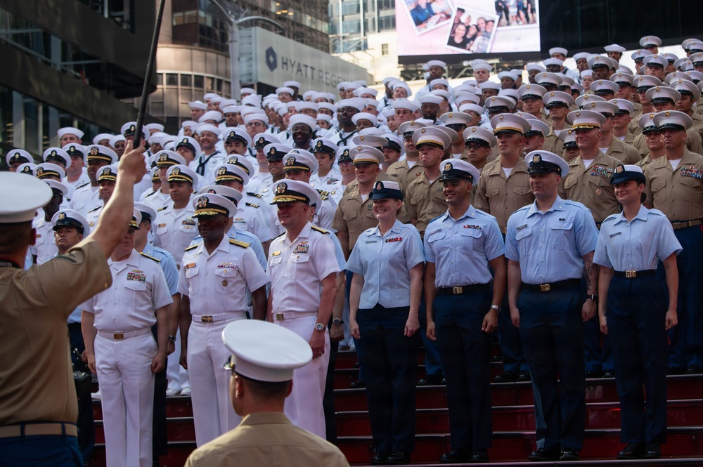 Sail 250 service members gather at Times Square Red Steps