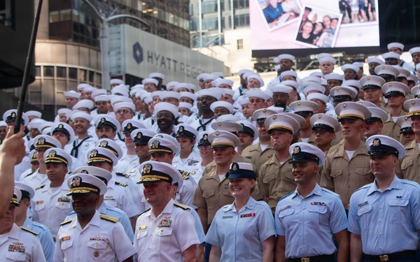 Sail 250 service members gather at Times Square Red Steps
