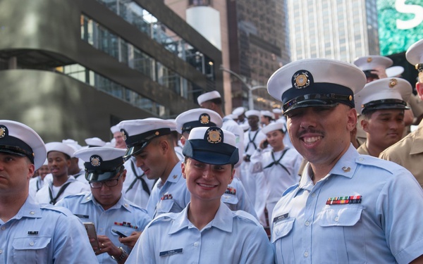 Sail 250 service members gather at Times Square Red Steps