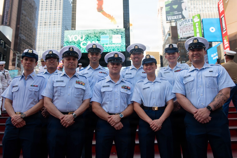 Sail 250 service members gather at Times Square Red Steps