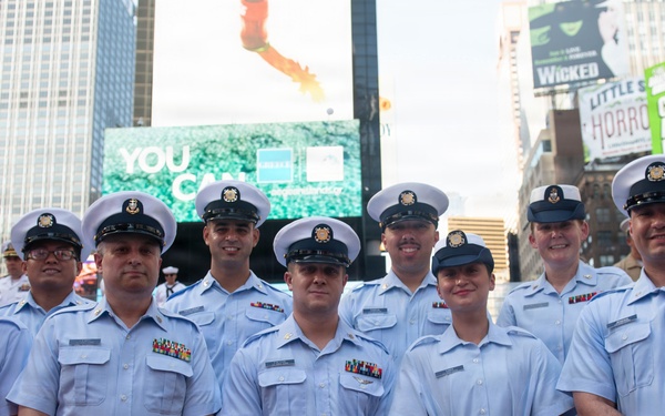 Sail 250 service members gather at Times Square Red Steps
