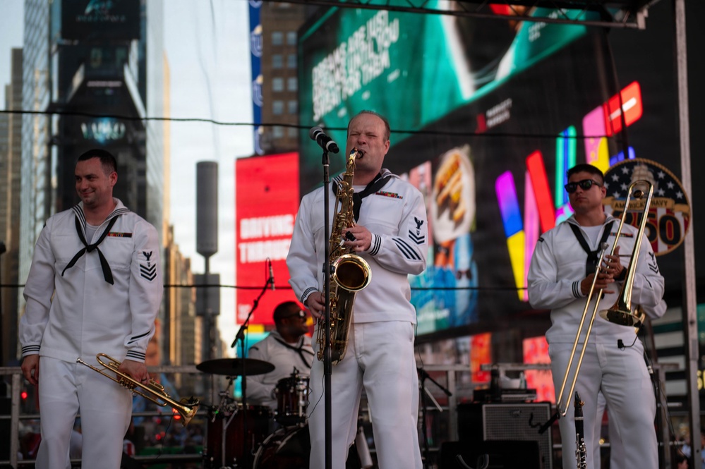 Sail 250 service members gather at Times Square Red Steps