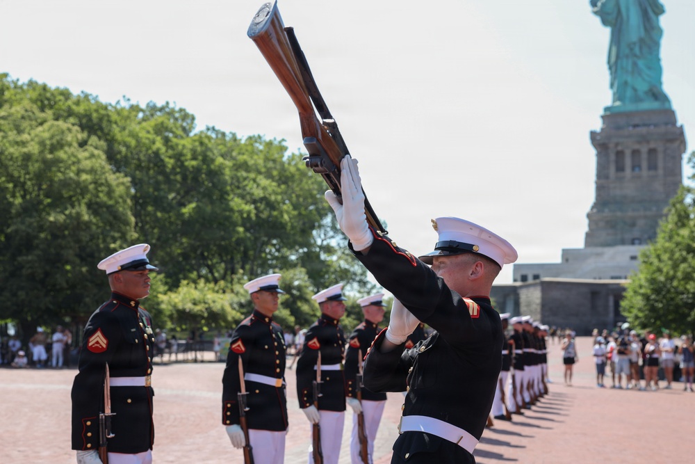 U.S. Marine Corps Silent Drill Platoon performs on Liberty Island  for INR250