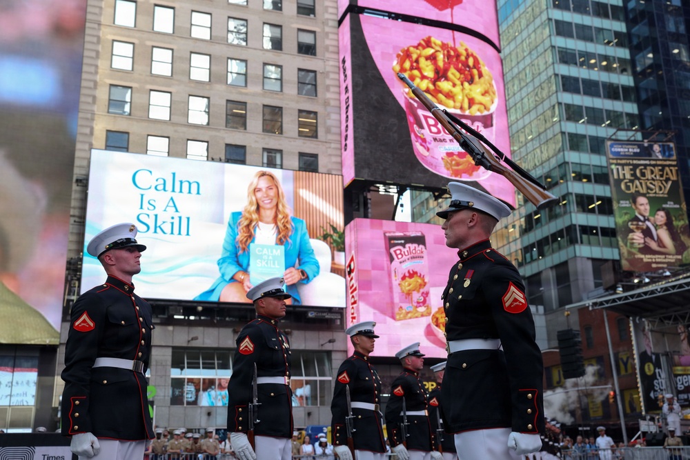 U.S. Marine Corps Silent Drill Platoon performs at Time Square for INR250