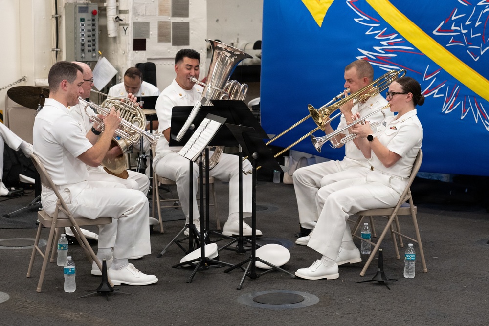 U.S. Navy Band Brass Quintet perform at the International Naval Review Welcome Ceremony
