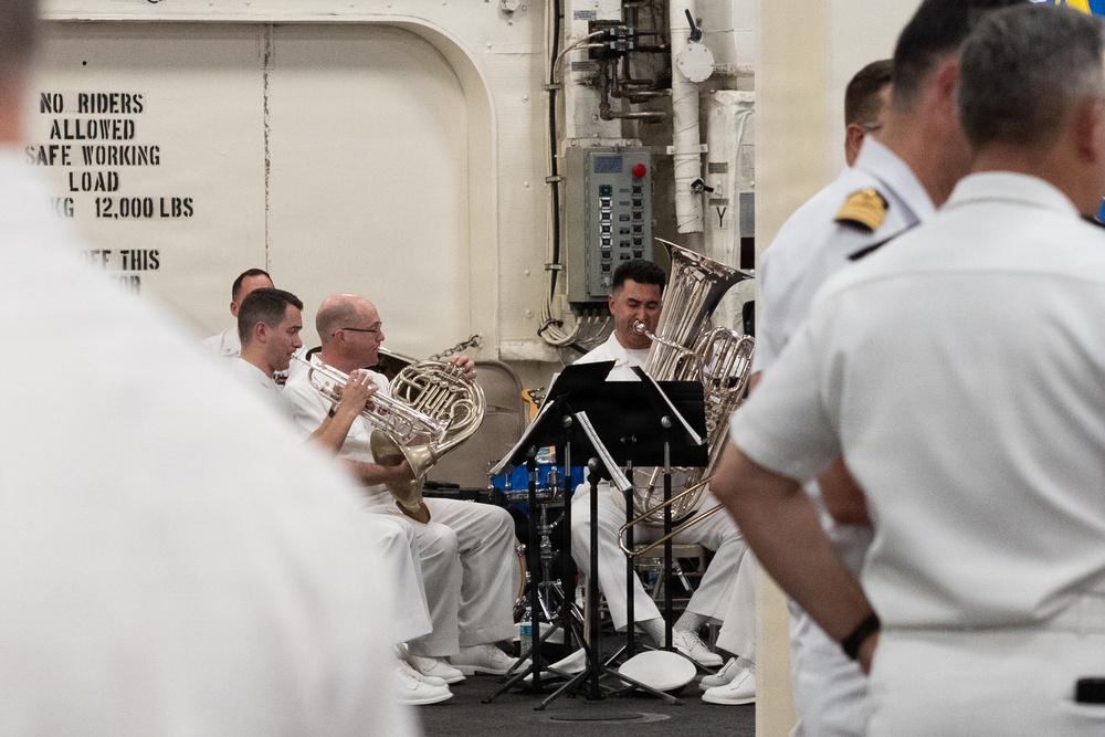 U.S. Navy Band Brass Quintet perform at the International Naval Review Welcome Ceremony