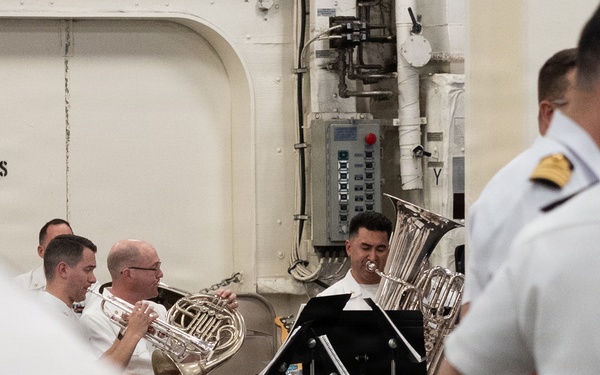 U.S. Navy Band Brass Quintet perform at the International Naval Review Welcome Ceremony