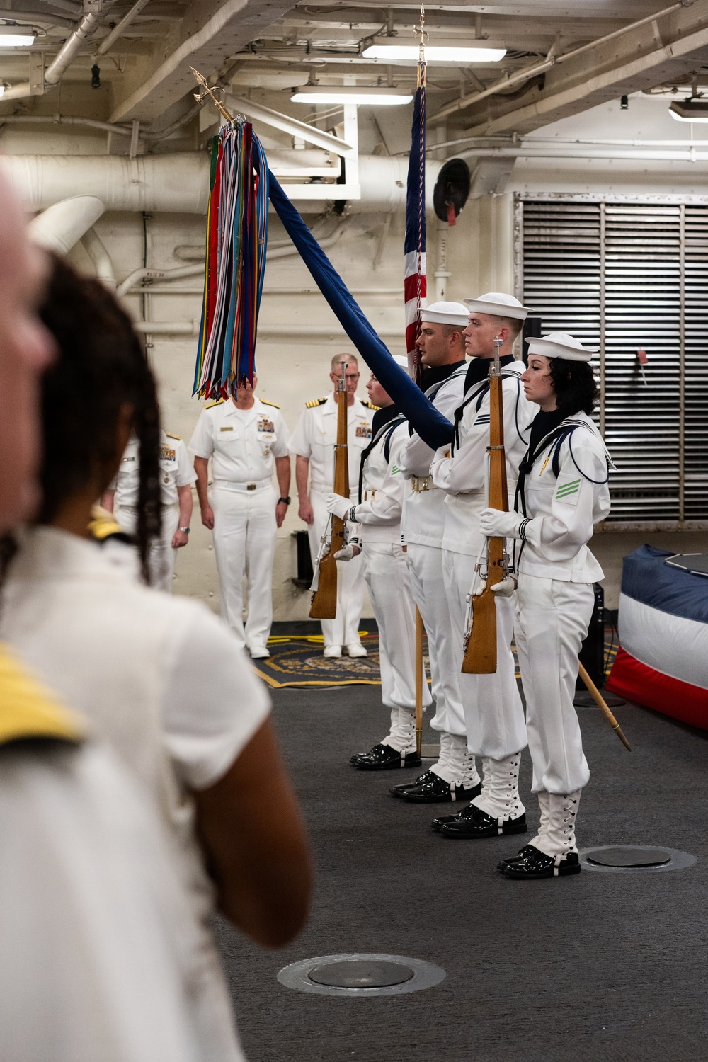 The U.S. Navy Ceremonial Guard present colors at the International Naval Review Welcome Ceremony