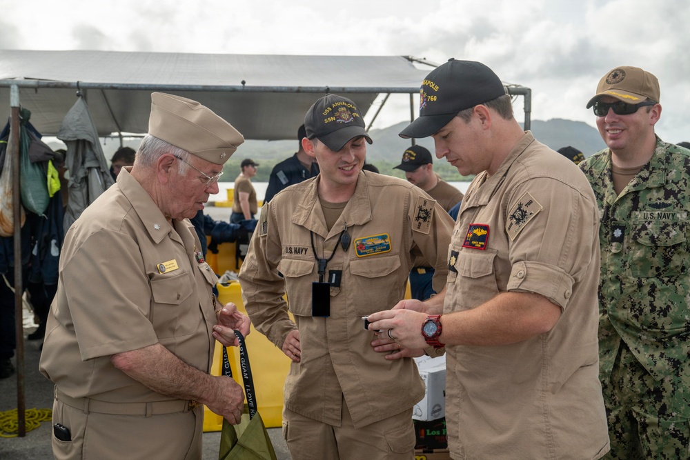 Retired U.S. Navy Cmdr. Allan Rigggs participates in morning colors aboard USS Annapolis