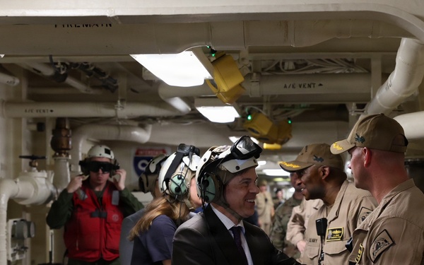 John M. Barrett, Chargé d’Affaires for the U.S. Embassy in Venezuela, is welcomed aboard the San Antonio-class amphibious transport dock ship USS Fort Lauderdale.
