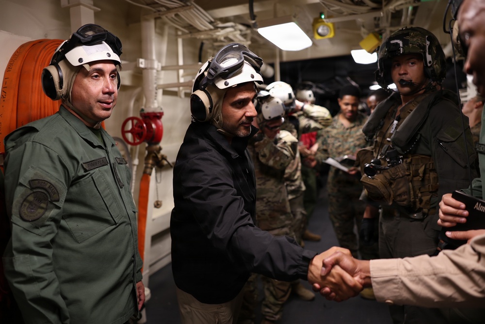 José Alejandro Teran, governor of La Guaira is welcomed aboard the San Antonio-class amphibious transport dock ship USS Fort Lauderdale.