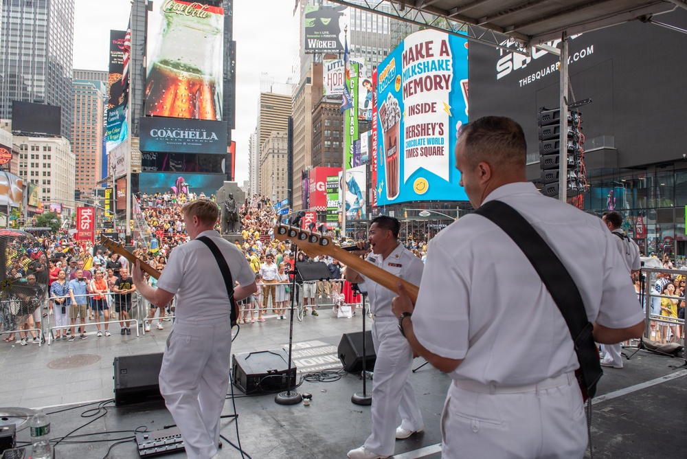 U.S. Navy Band Cruisers perform on Times Square for the International Naval Review.