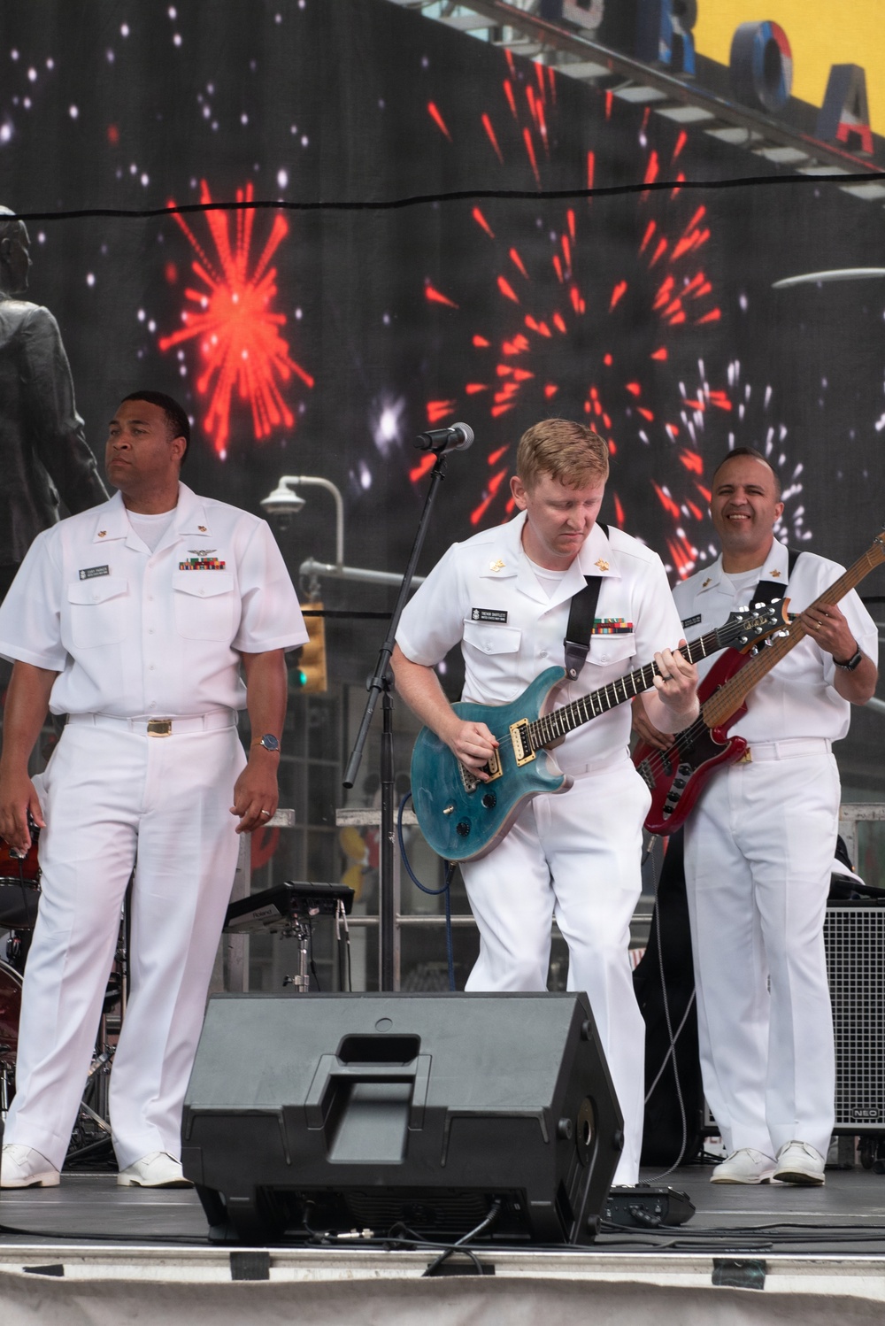 U.S. Navy Band Cruisers perform on Times Square for the International Naval Review.