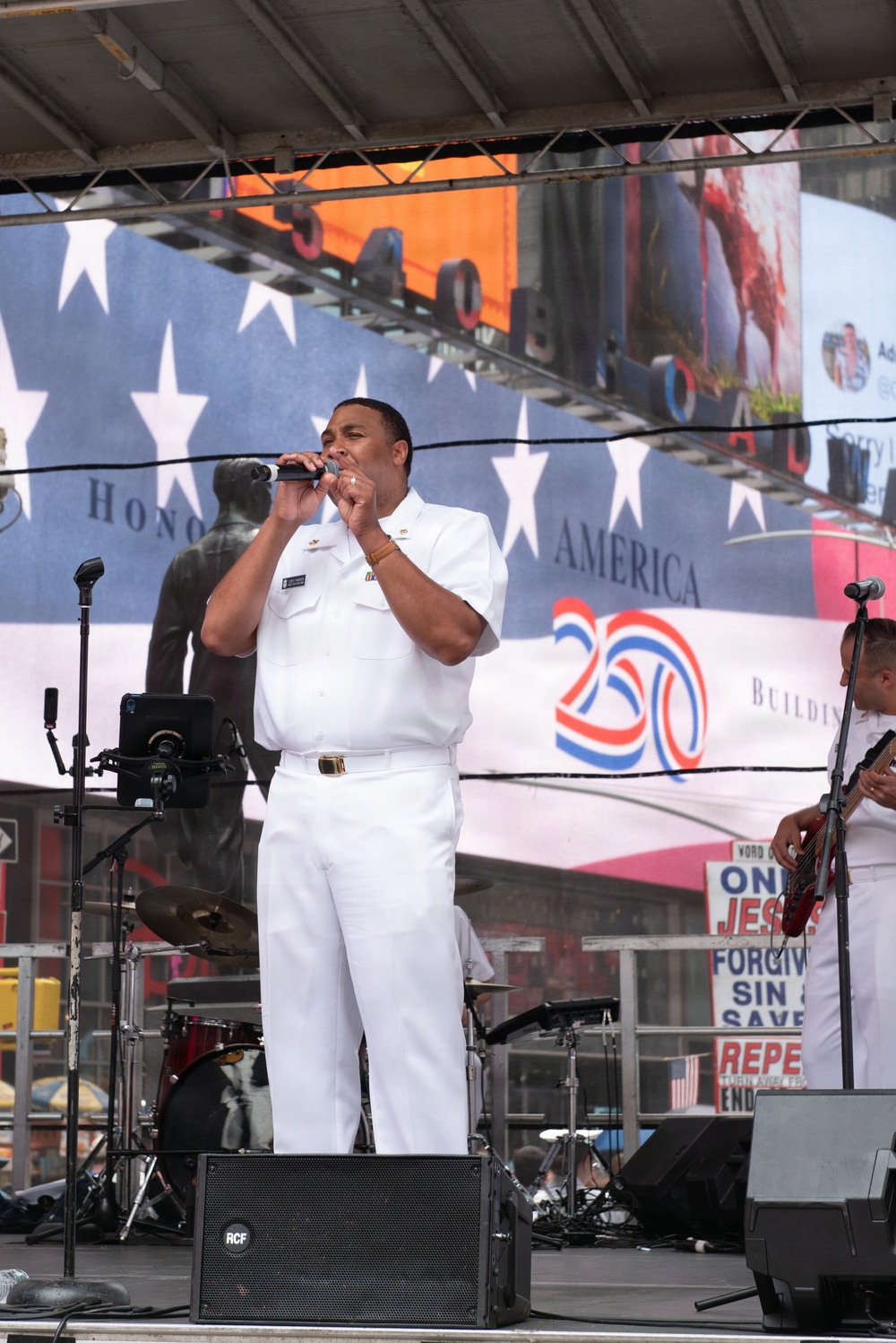 U.S. Navy Band Cruisers perform on Times Square for the International Naval Review.