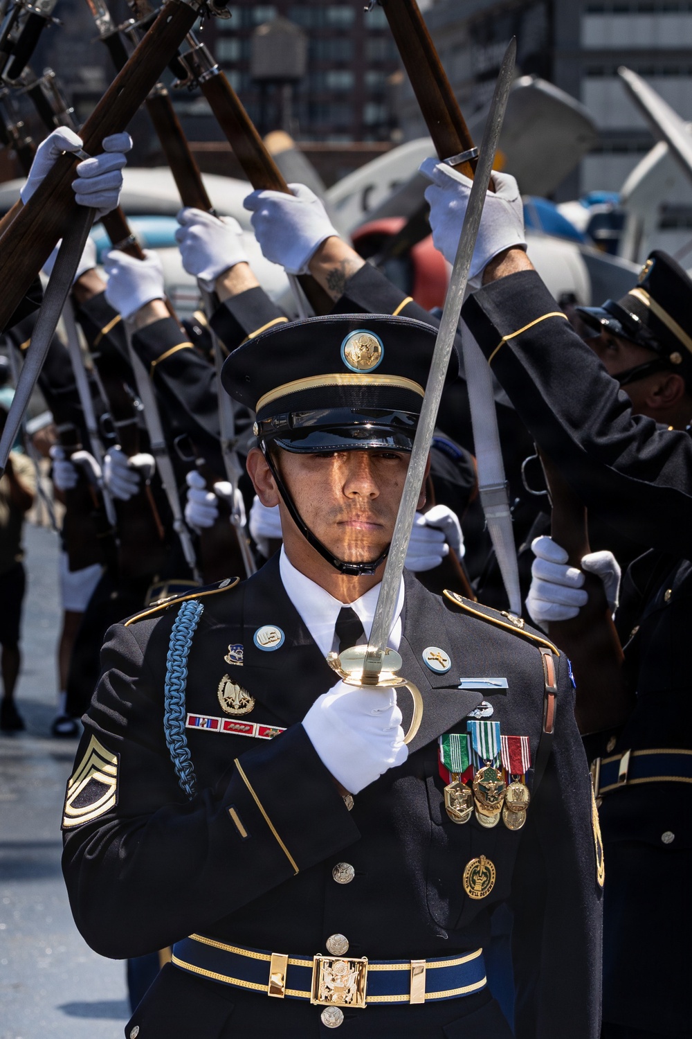 US Army Drill Team Performs on the USS Intrepid for America 250