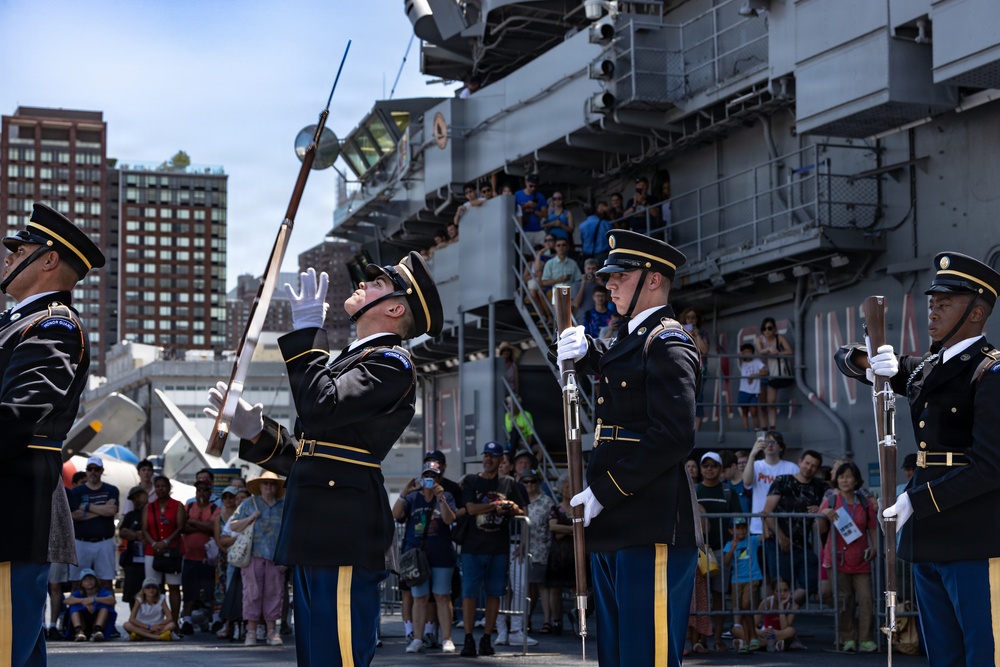 US Army Drill Team Performs on the USS Intrepid for America 250