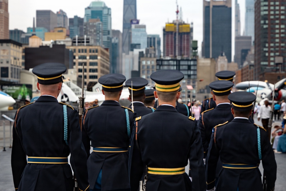 US Army Drill Team Performs on the USS Intrepid during Sail250