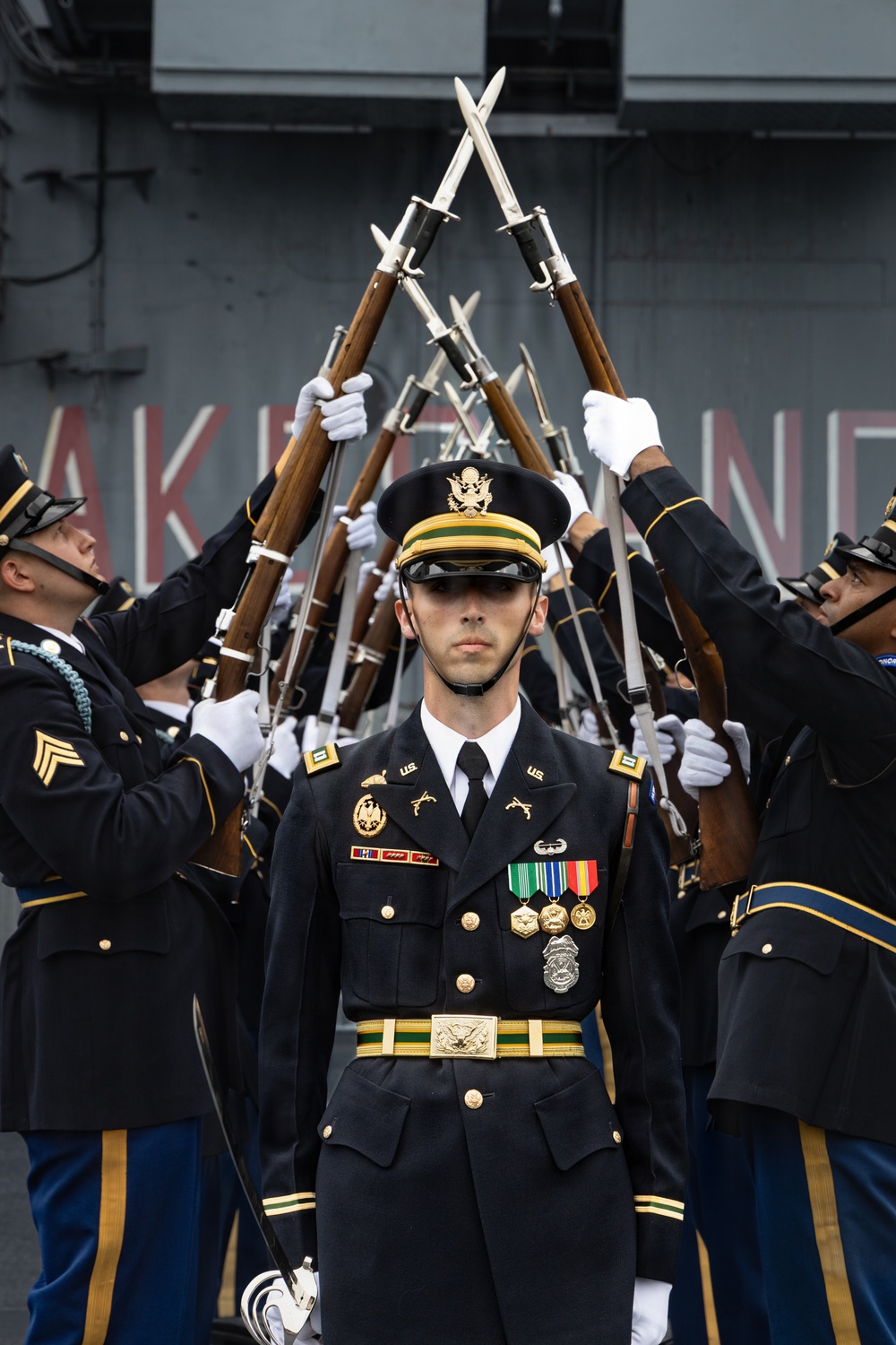 US Army Drill Team Performs on the USS Intrepid during Sail250