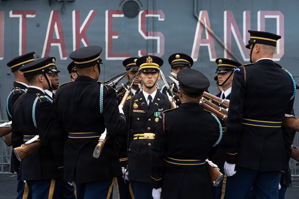US Army Drill Team Performs on the USS Intrepid during Sail250
