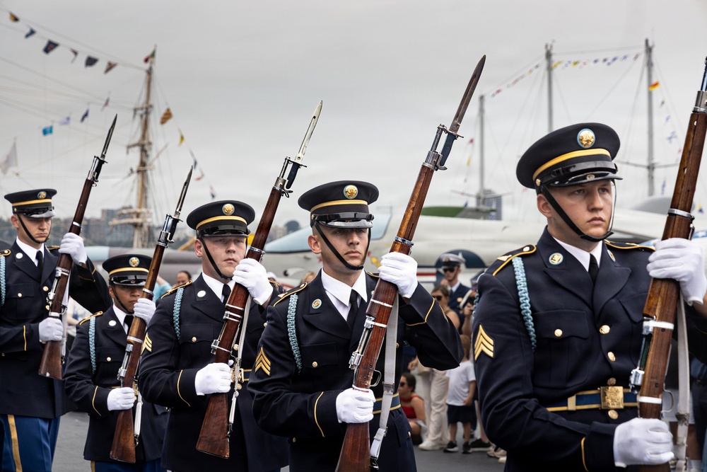 US Army Drill Team Performs on the USS Intrepid during Sail250