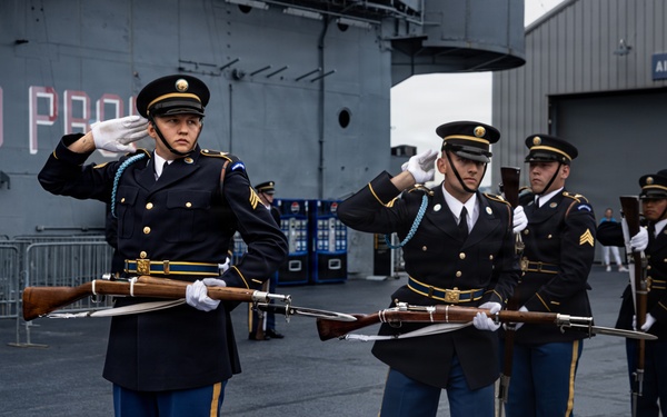US Army Drill Team Performs on the USS Intrepid during Sail250