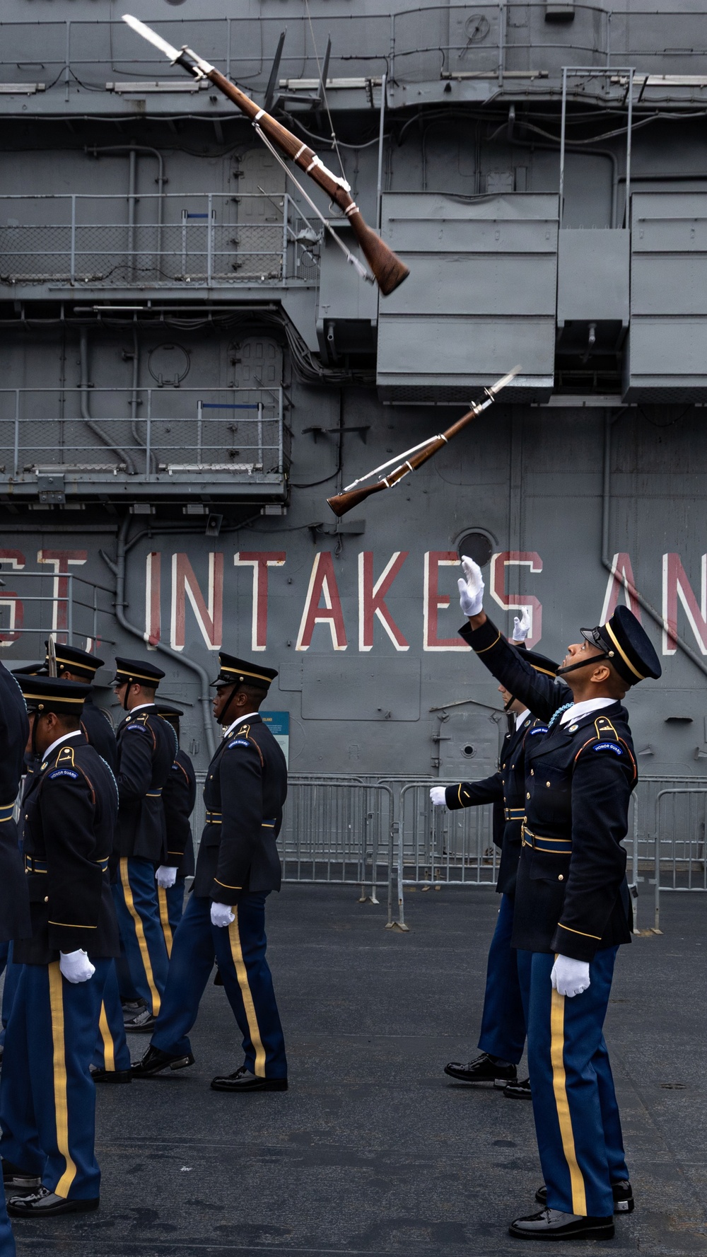 US Army Drill Team Performs on the USS Intrepid during Sail250