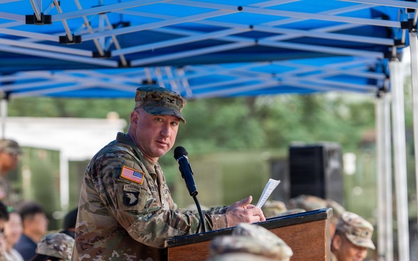 MSC‑K Commander Col. R. Scott Carpenter delivers remarks during the 25th Transportation Battalion Change of Command Ceremony.